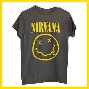 Nirvana Smiley Face Band Graphic T-Shirt Charcoal Gray Mens Small S‎ Cotton Tee